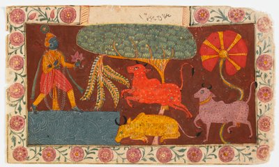 Krishna en koeien bij een vijver, uit een Bhagavata Purana door Indian School
