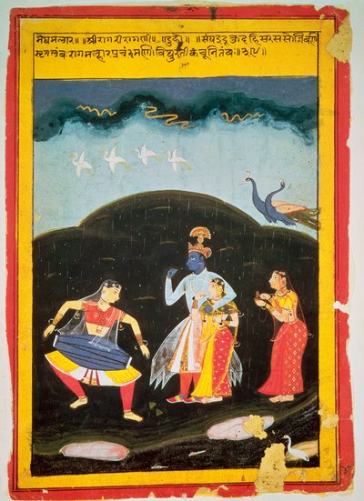 Krishna en Radha in de regen met twee muzikanten, Rajasthan door Indian School
