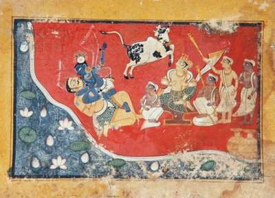 Krishna verslaat een demon naast een rivier, c.1560 door Indian School