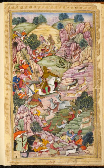 De keizer Babour op jacht, tussen Ali Shang en Alangar, in de regio van Kabul (Afghanistan). Miniatuur uit het Perzische manuscript Vaqi at i Baburi, memoires van de Mogolkeizer Babour (Zahir ud din Muhammad) (1483-1530), India, rond 1590. The British Libr door Indian School