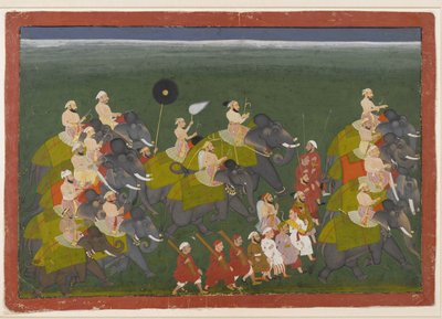 Maharana Sangram Singh van Mewar rijdend in een olifantenprocessie, Udaipur, Rajasthan, c.1730-40 door Indian School
