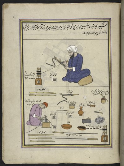 Mannen die hookah-slangen bedekken met draad en draad, 86 tekeningen gebonden in een volume die beroepen en ambachten in Kasjmir uitbeelden, ambachtslieden worden getoond aan het werk met hun gereedschap en uitrusting door Indian School