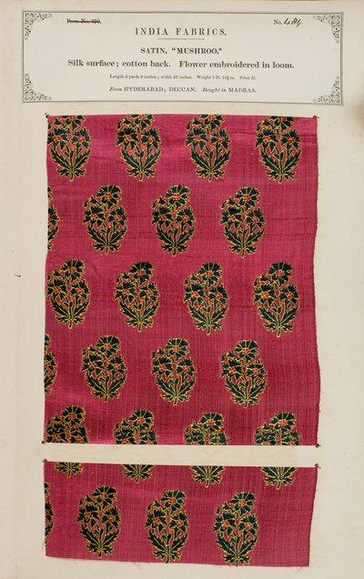 Mushroo satijnmonster uit Hyderabad in Deccan, uit De Collectie van de Textielfabrikanten van India, door John Forbes Watson, gepubliceerd in 1866 door Indian School