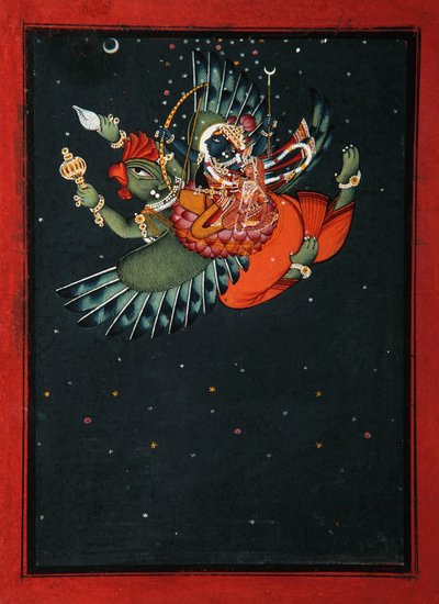 Op de vleugels van Garuda: Krishna en Satyabhama vliegen door de nachtelijke hemel, c.1750 door Indian School