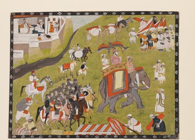 Processie van een Raja op een olifant met gewapende escorte en bedienden, 2e helft van de 19e eeuw door Indian School