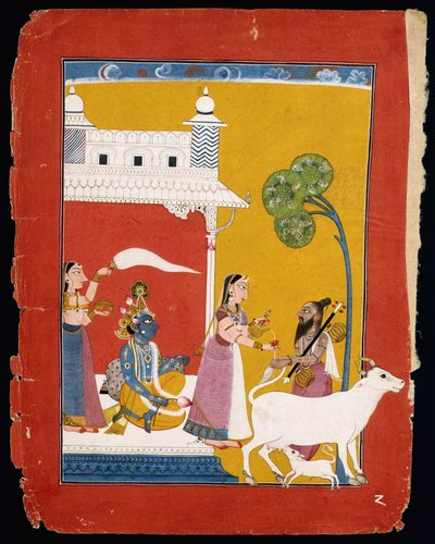Rukmini biedt water aan de wijze Narada terwijl haar echtgenoot Krishna in haar huis zit, ca. 1725-1730 door Indian School