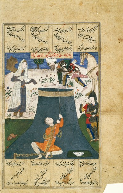 Rustam redt Bizhan uit de kerker, blad uit een verspreide Shah-nama serie door Indian School