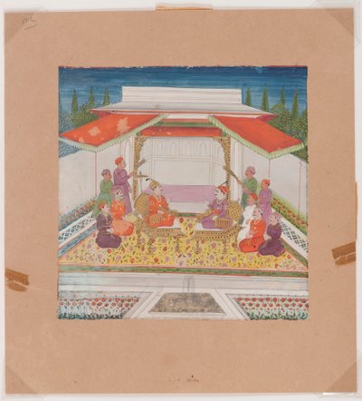 Zittende figuren en bedienden voor een fontein door Indian School