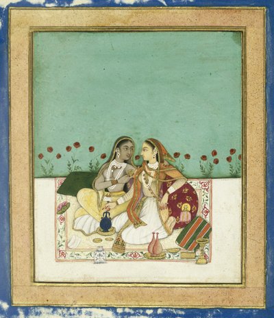 Twee vrouwen op een terras, na 1700 (dekkende wc en goud op papier) door Indian School