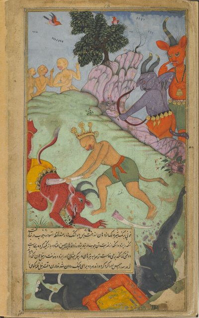 Angada slaat Devantaka neer met een slagtand van Mahodara
