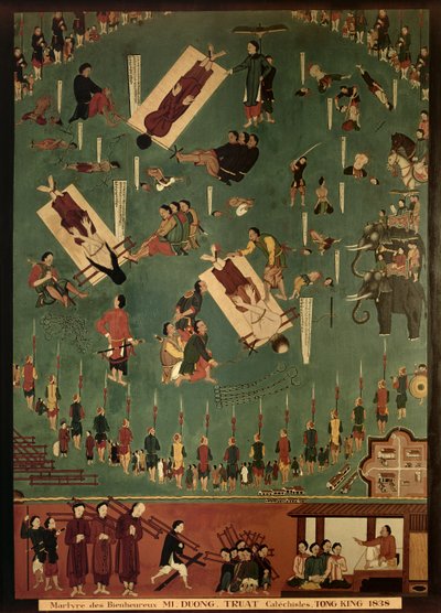 Het martelaarschap van de gezegende Mi, Duong en Truat in Tongking, China, in 1838 door Indo Chinese School