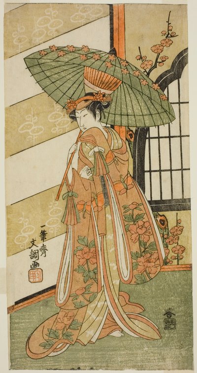 De acteur Onoe Tamizo I als Nishikigi in het stuk Mutsu no Hana Ume no Kaomise, uitgevoerd in het Ichimura Theater in de elfde maand, 1769 door Ippitsusai Bunchō