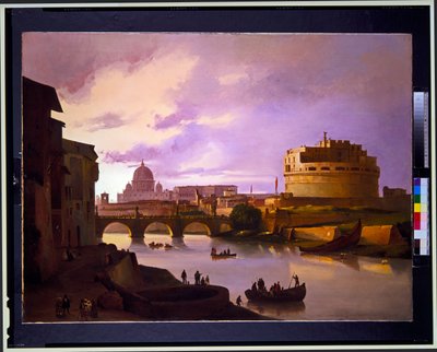 Uitzicht op Castel Sant Angelo vanaf de Tiber met St. Pieter op de achtergrond, uitzicht op het Colosseum door Ippolito Caffi