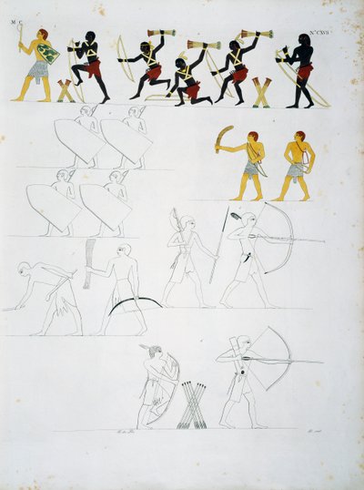 Militaire scènes, soldaten met bogen en pijlen, uit de graven van Beni Hasan, Plaat CXVIII, uit monumenten van Egypte en Nubië: civiele monumenten door Ippolito Rosellini