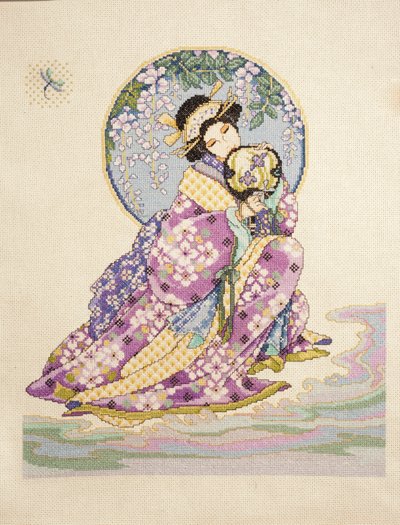 Kruissteek van vrouw in kimono met waaier door Ira Blount