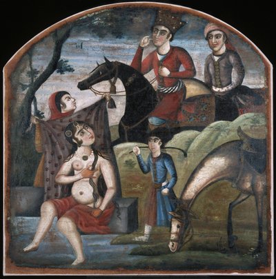 Khusraw Ontdekt Shirin aan het Baden. Uit Picturale Cyclus van Acht Poëtische Onderwerpen, Midden 18e eeuw door Iranian Master