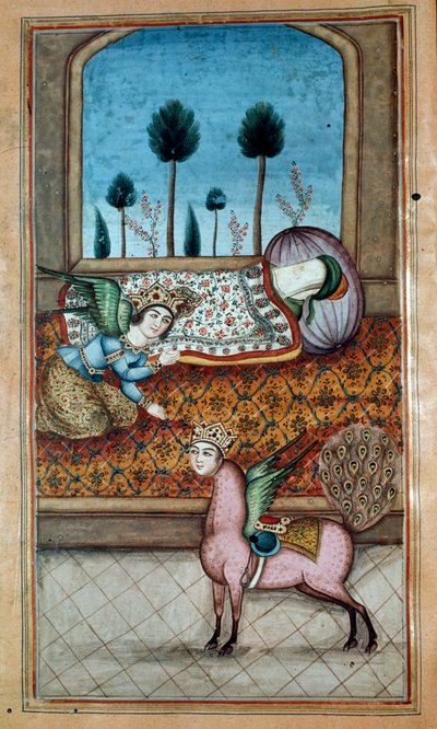 MS. Nezami, Lailah en de aartsengel Gabriël verschijnen aan de slapende profeet en Al-Baruq, uit het epische gedicht van Nezami door Iranian School