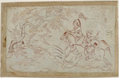Twee ruiters jagen met valk, 1640s door Iranian School