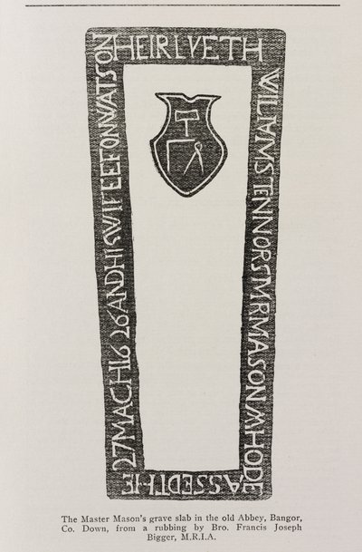 Afdruk van een grafsteen van een meester-metselaar in de oude abdij, Bangor, Co. Down, gedateerd 1626 door Irish School