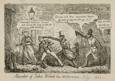 Moord op John Wood de waterman, juli 1833 door Isaac (after) Cruikshank