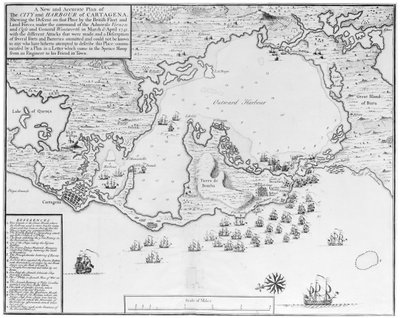 Een nieuwe en nauwkeurige kaart van de stad en haven van Cartagena, met de aanval van die plaats door de Britse vloot en landstrijdkrachten, onder bevel van de admiraals Vernon en Ogle en generaal Wentworth in maart & april 1741 door Isaac Basire