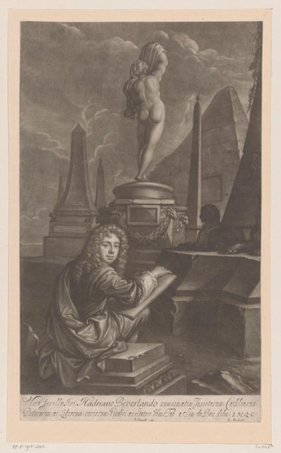 Portret van Hadriaan Beverland die een standbeeld van Venus tekent door Isaac Beckett