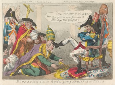 Buonaparte in Rom gibt Audienz im Staatsgewand door Isaac Cruikshank