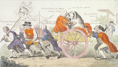 De reis van het gemeentelijke varken naar Smithfield in stijl of wethouders werden varkensshowmannen door Isaac Cruikshank