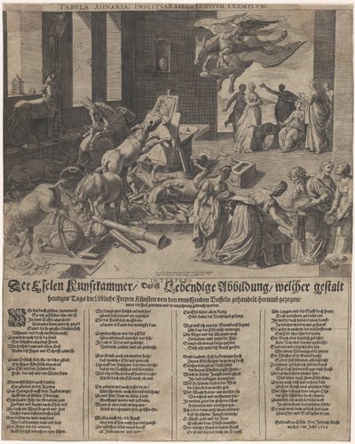 Ezels vernietigen een kunstkamer door Isaac Duchemin