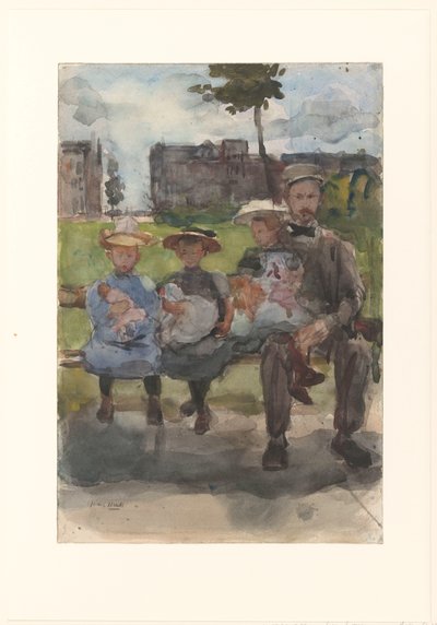 Een man met drie meisjes op een bank in het Oosterpark in Amsterdam door Isaac Israels
