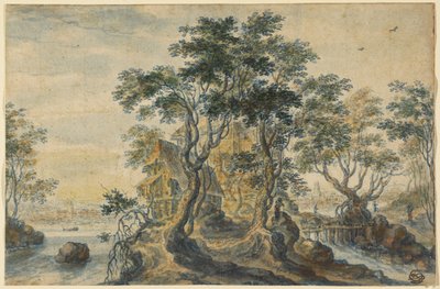 Rivierlandschap met huis op een rotsachtig eiland door Isaac Major