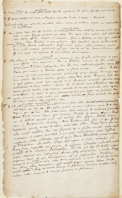 Verslag van een experiment in zes fasen beginnend met distillatie gevolgd door verbranding, verdere distillatie, decoctie, calcinatie en sublimatie, ca. 1700 door Isaac Newton