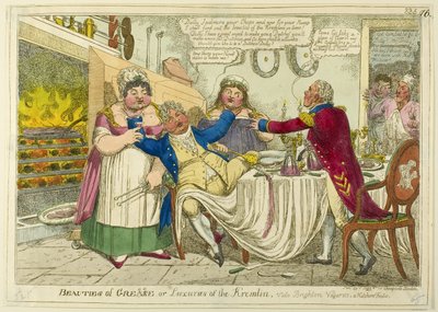Schoonheden van Grease [gewijzigd in] Griekenland - of - Luxuries of the Kremlin. Vide Brighton Vagaries. Een keuken stoeipartij. door Isaac Robert Cruikshank