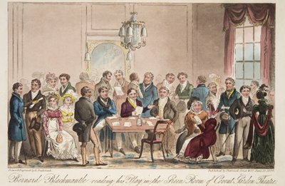 Bernard Blackmantle leest zijn toneelstuk in de Groene Kamer van het Covent Garden Theatre, uit The English Spy, gepubliceerd 1824 door Isaac Robert Cruikshank