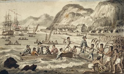 Kapitein Cook landt in Owyhee, illustratie uit "De reizen van Kapitein Cook" door Isaac Robert Cruikshank