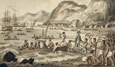 Kapitein Cook landt op Owyhee, uit de reizen van kapitein Cook door Isaac Robert Cruikshank