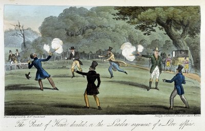 Duel met een pistool om een liefdeskwestie - in "The English Spy" door Charles Molloy Westmacott, ill. door Robert Cruikshank, Londen door Isaac Robert Cruikshank