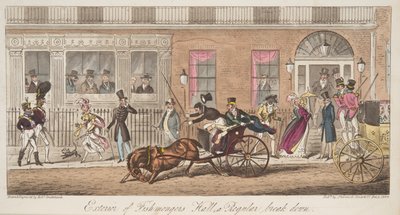 Exterieur van Fishmongers Hall, St James Street, met een uitzicht op een regelmatige instorting, uit The English Spy, uitgegeven 1824 door Isaac Robert Cruikshank