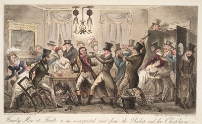 Familie mannen in de fout, of een onverwacht bezoek van de bisschop en zijn kapelaans, uit The English Spy, uitgegeven 1824 door Isaac Robert Cruikshank