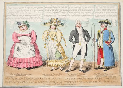 Huishoudtroepen, of Een Schets van Enkele van de Belangrijkste Betrouwbare en Vertrouwelijke Bedienden van Waardige en Vertrouwende Families, 1827 door Isaac Robert Cruikshank