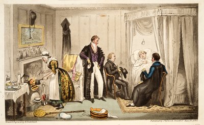Tom Echo met de Headington-koorts of een Oxoniaan heel dicht bij de muur, uit The English Spy, gepubliceerd Londen, 1824 door Isaac Robert Cruikshank