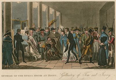 Buiten het operagebouw; Galanterie van Tom en Jerry door Isaac, Robert and George Cruikshank