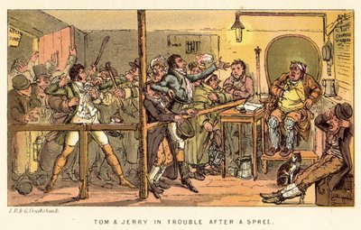 Tom en Jerry in de problemen na een uitspatting door Isaac, Robert and George Cruikshank
