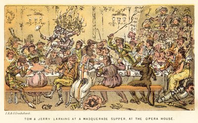 Tom en Jerry grappen bij een gemaskerd bal diner, in het Opera House door Isaac, Robert and George Cruikshank