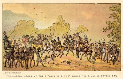 Tom en Jerry, pronken met hun Bits of Blood tussen de pinken in Rotten Row door Isaac, Robert and George Cruikshank