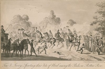 Tom en Jerry die hun bloedige stukken sportten tussen de pinken in de Rotten Row door Isaac, Robert and George Cruikshank