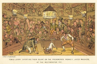 Tom en Jerry besteden hun geld aan de Fenomeen Aap, Jacco Macacco, in de Westminster Pit door Isaac, Robert and George Cruikshank