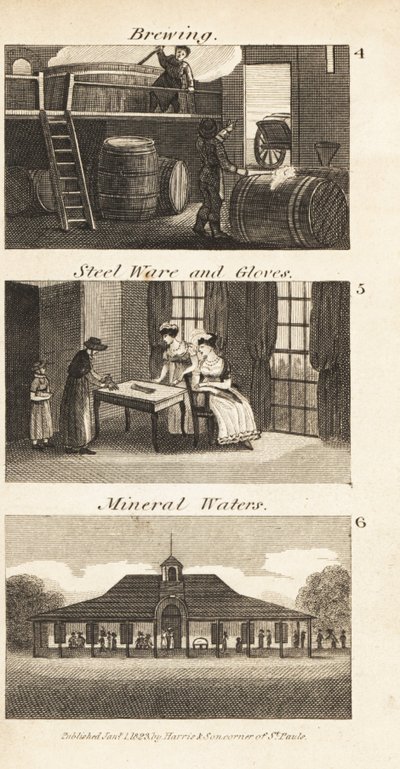 Brouwen, staalwaren en handschoenen, en een mineraalwaterkuuroord in Regency Engeland door Isaac Taylor