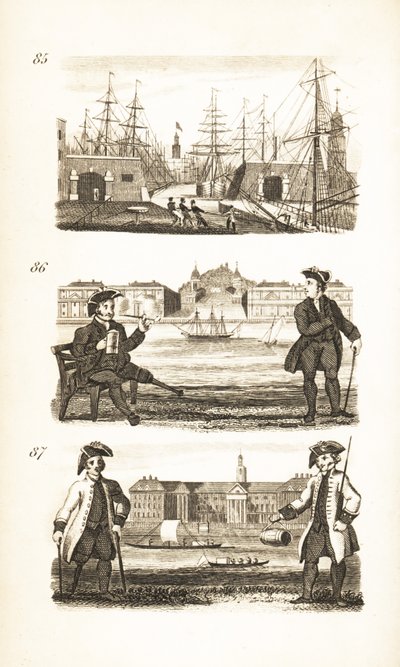 London Docks, Greenwich Hospital en Chelsea Hospital door Isaac Taylor