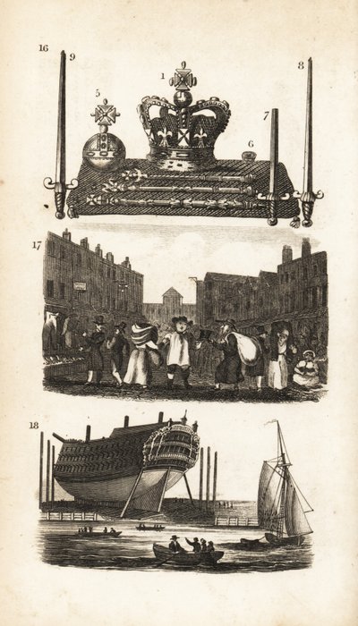 Het Juweelkantoor in de Tower of London, Rag Fair en Oude Kleren en Scheepsbouw door Isaac Taylor